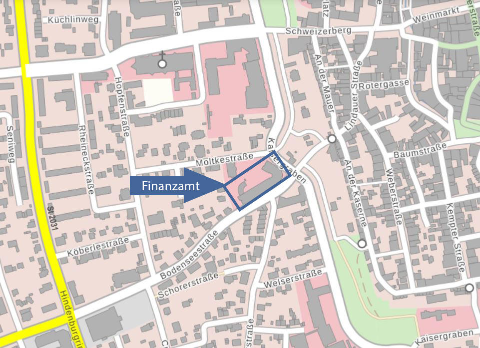  Stadtplan mit Markierung des Finanzamts Memmingen in der Bodenseestraße