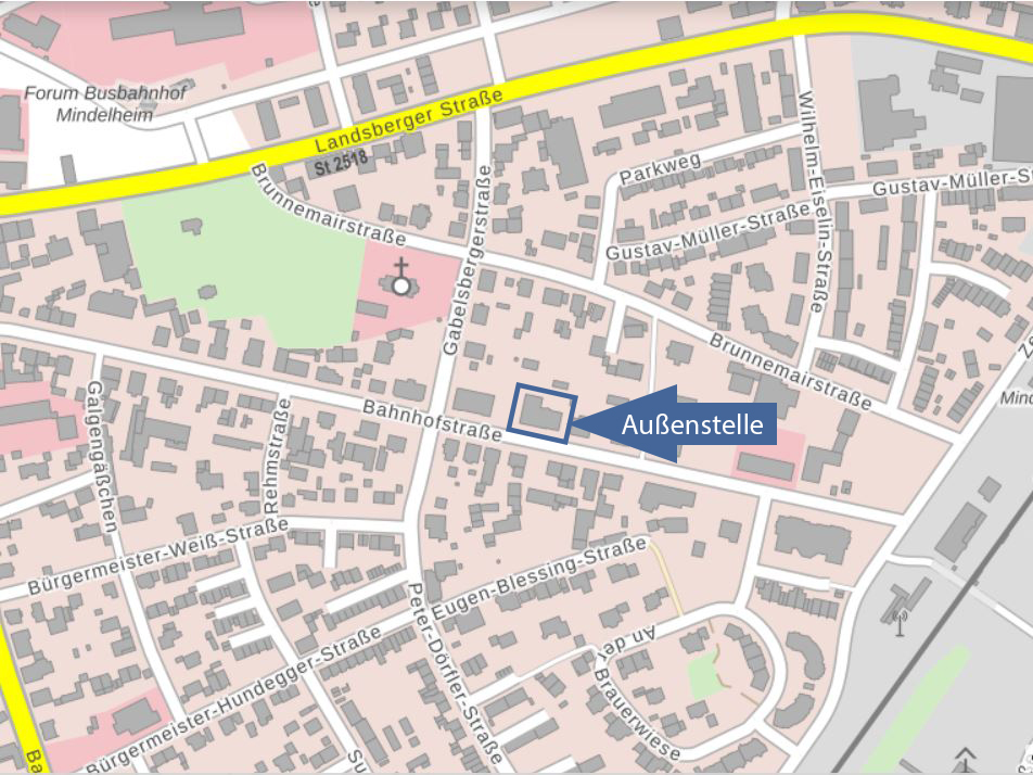  Stadtplan mit Markierung der Außenstelle Mindelheim in der Bahnhofstraße 16